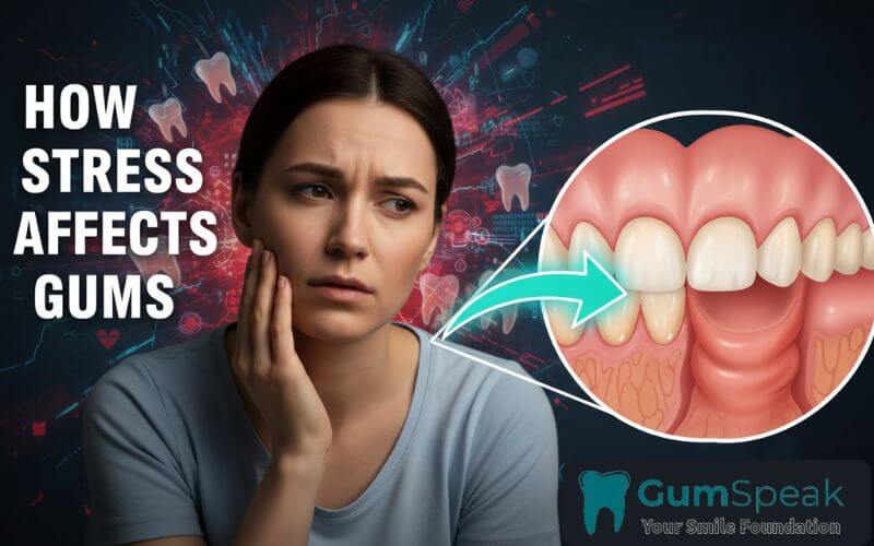 A stressed woman working at a laptop touching her jaw, illustrating the connection between stress and gum health and dental pain.