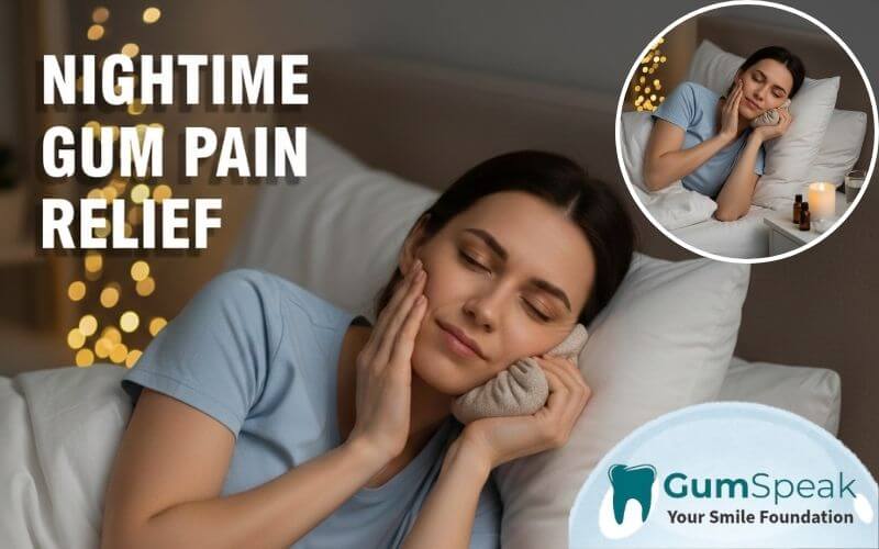 Proven home remedies to stop gum pain at night illustrated by a person suffering from a throbbing toothache.,