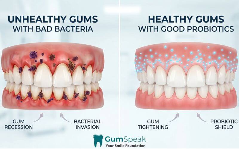 Infographic comparing unhealthy gums with bad bacteria and healthy gums with good probiotics