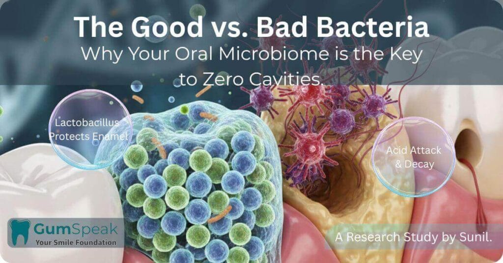 Microscopic view of oral microbiome showing good bacteria protecting enamel vs bad bacteria causing acid attack and decay.