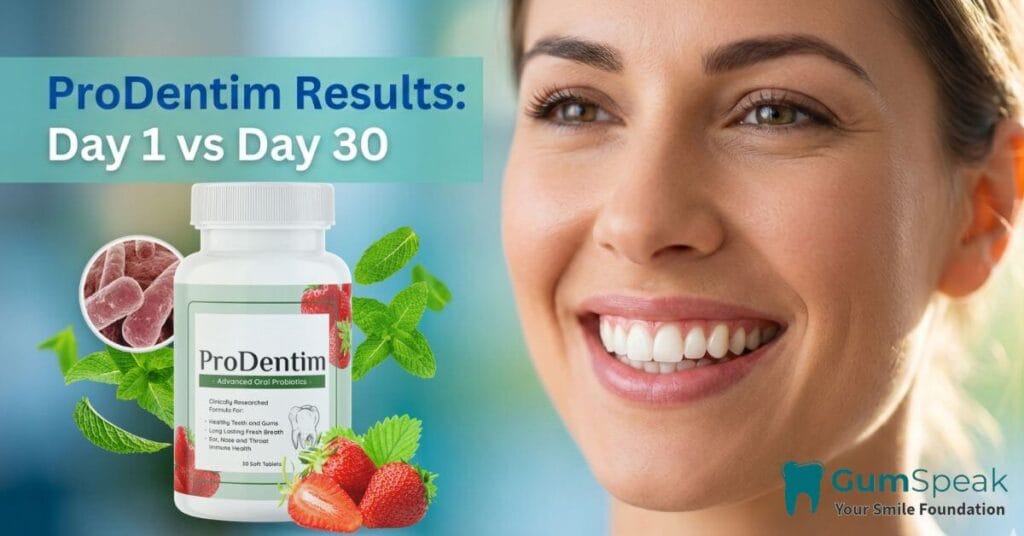 ProDentim results before and after 30 days showing improvement in gum inflammation and teeth brightness.