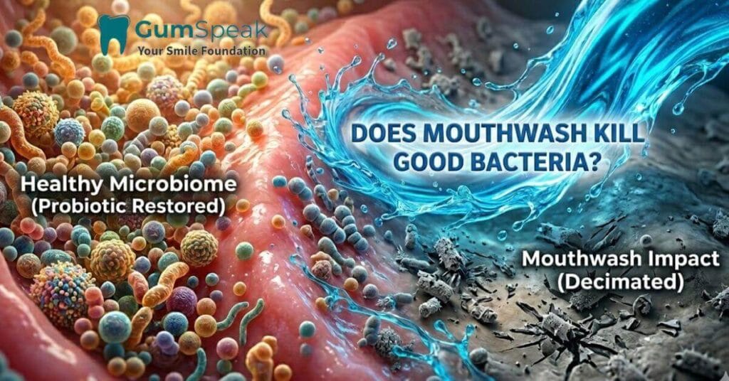 Featured image showing comparison of mouthwash disrupting oral microbiome balance with text overlay: Does Mouthwash Kill Good Bacteria?